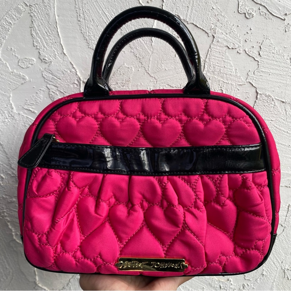 Betsey Johnson Handbag Neon Pink/Black Quilted Hearts